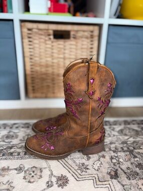 Roper Brown and Pink Embroidered Kids Cowboy Boots